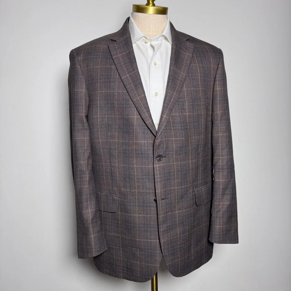 Jos. A. Bank Reserve Blazer Mens 46R Brown‎ Blue Plaid Silk Wool Tailored Fit